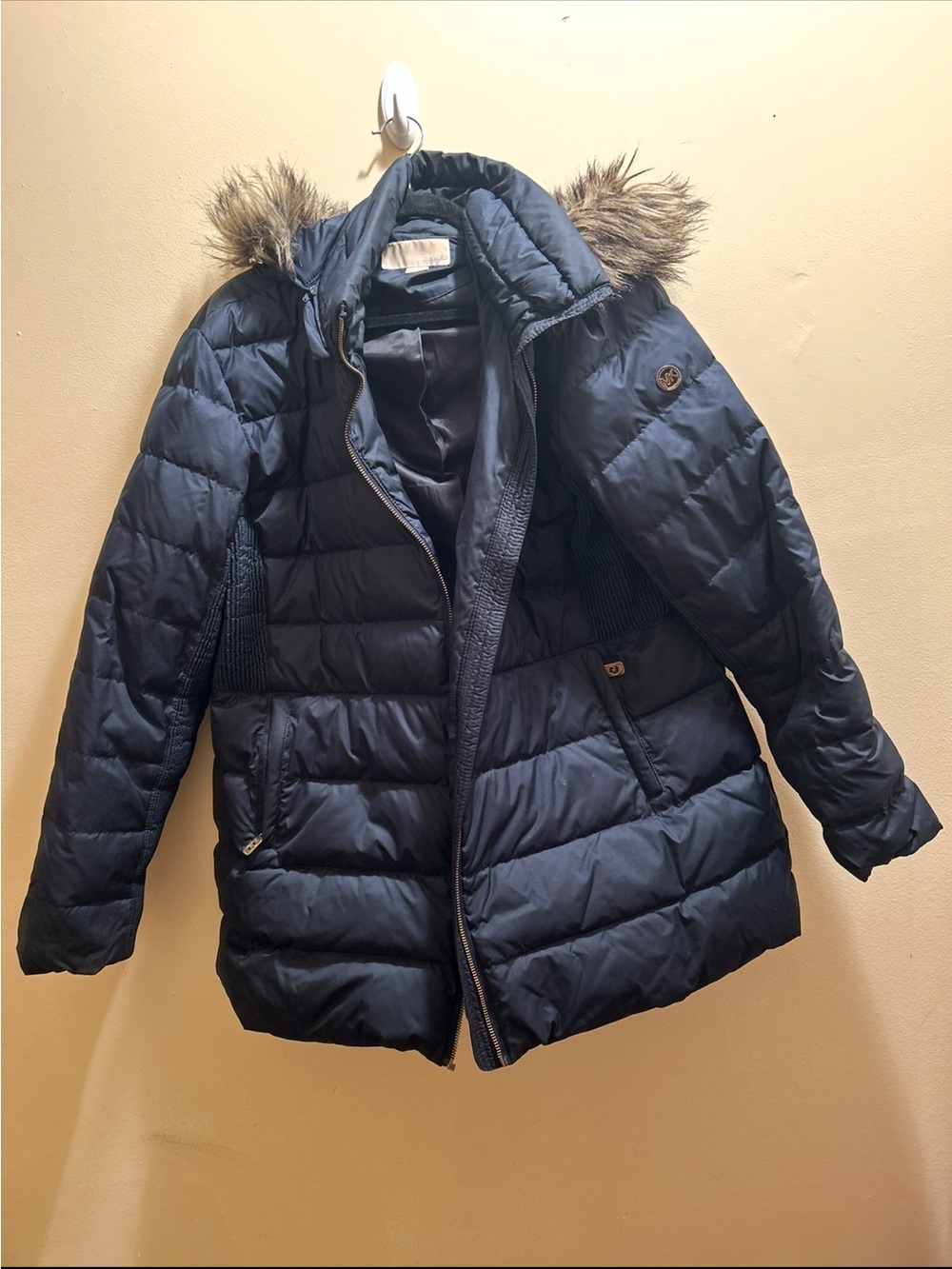 Michael Kors Navy Quilted Puffer Coat with Faux Fur Hood